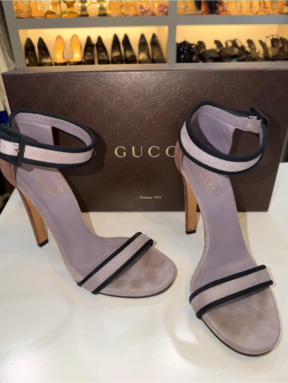 Gucci Lavender Suede Ankle-Strap High Heels with Black Trim